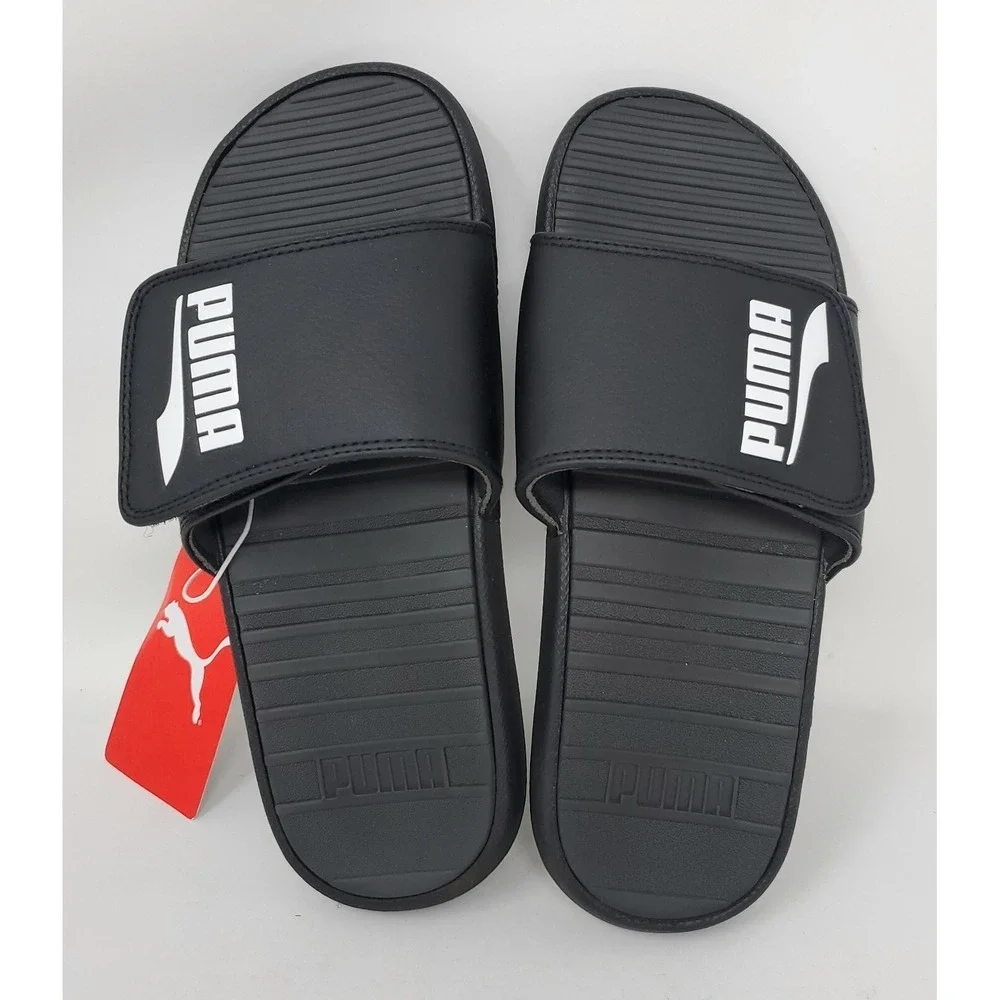 Puma Men's Cool Cat V Slides Black & White Hook/Loop Closure Size 7M Exc Cond